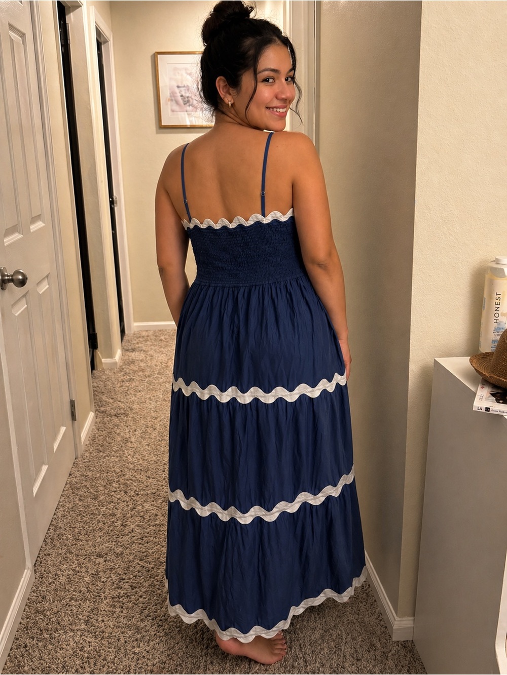 Navy Maxi Sundress with White Scallop Trim